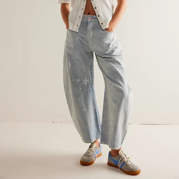 Free People Light Blue Pinstripe Wide Leg Jeans - Picture 1 of 16